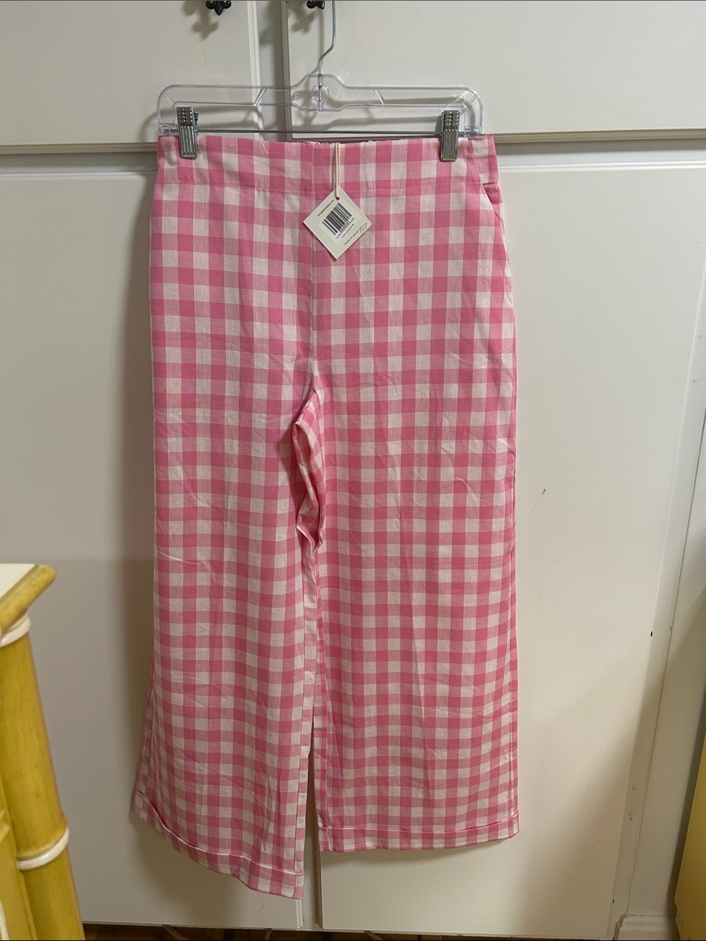High-Waist Pink Gingham Cuffed Wide-Leg Cotton Pants NWT Small